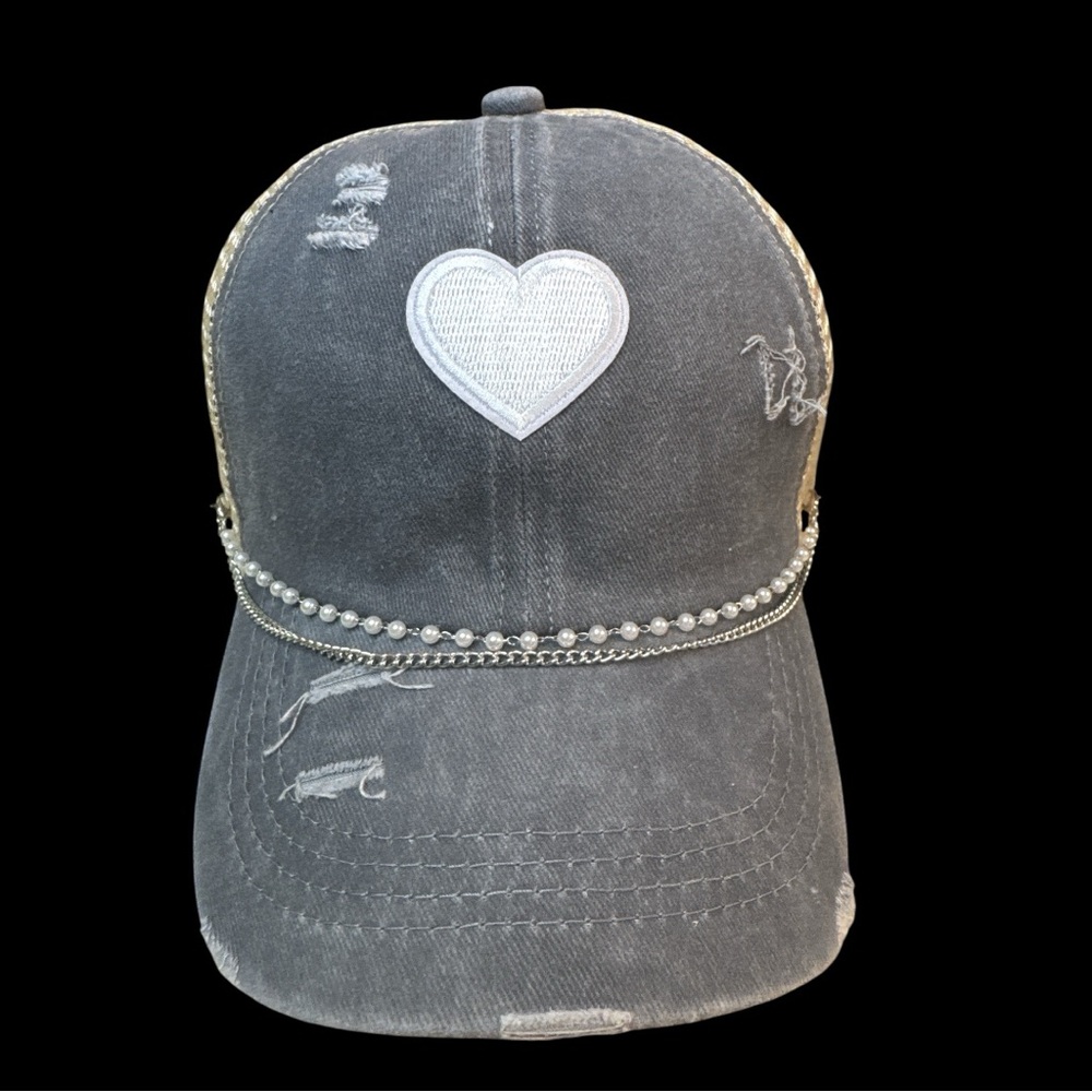 Gray Distressed Trucker Cap with Heart Patch and Pearl Chain detail